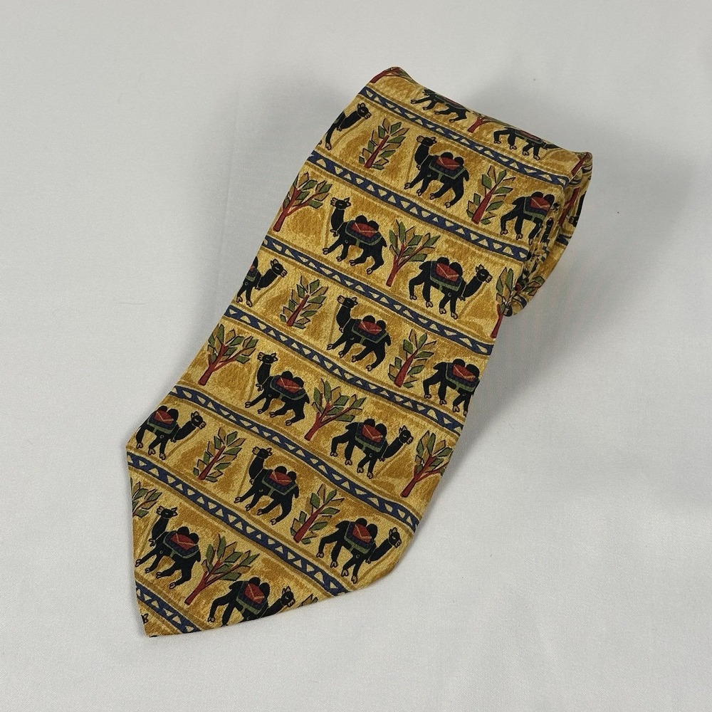 Land's End Silk Tie Vintage Gold Camel Desert Novelty Handmade In USA 4" W 59" L